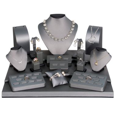 19 Piece Steel Grey Leatherette and Wood Trimmed Jewelry Display Set