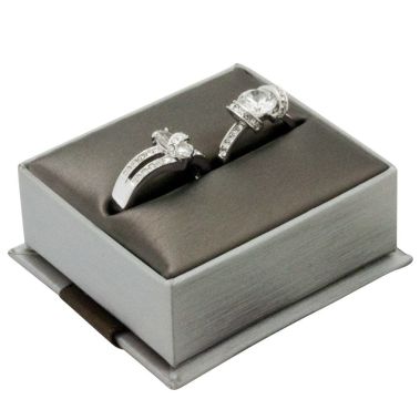 Steel Grey Leatherette Jewelry Ring Boxes, with Brown Ribbon