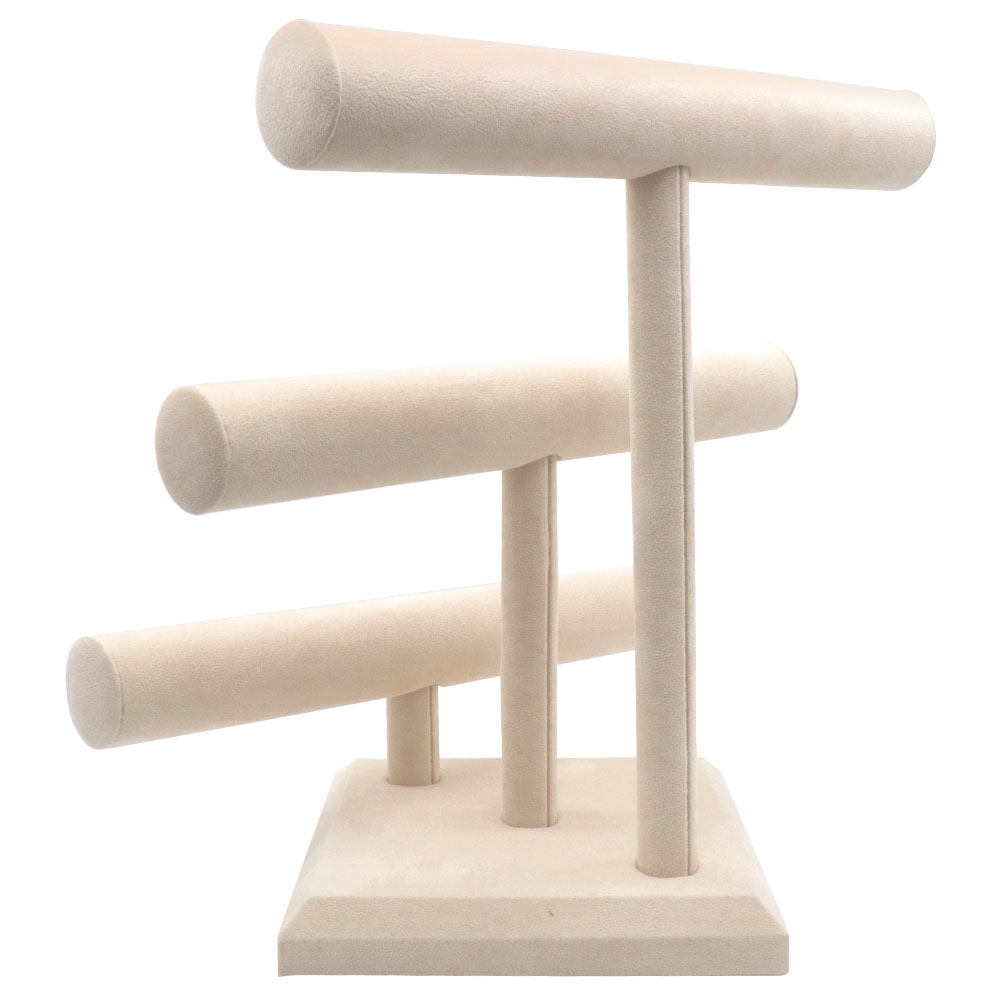 Beige Faux Suede 3 Tier Jewelry T-Bar Stand