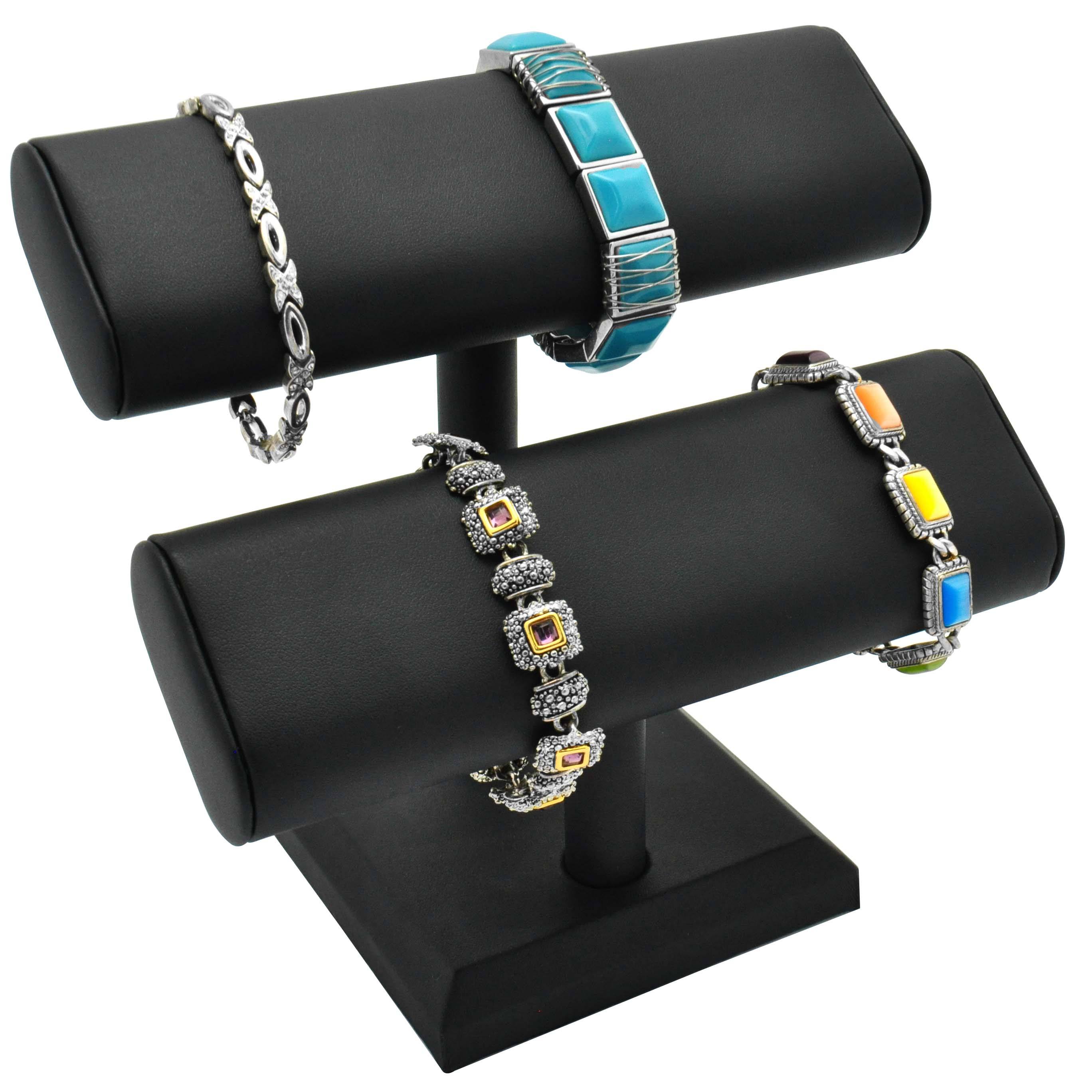 Black Leatherette Dual Oval Jewelry Bracelet / Watch T Bar