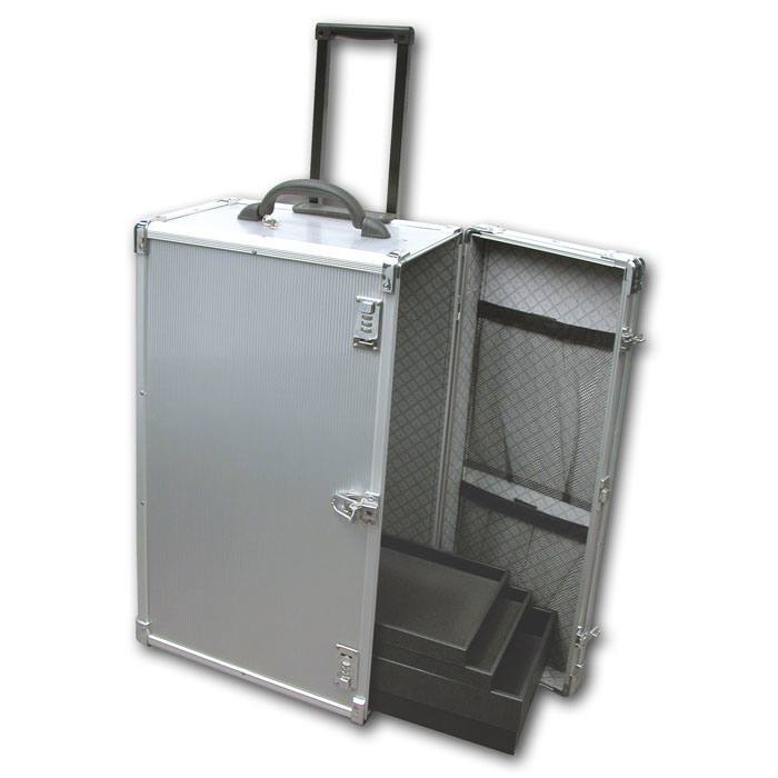 Aluminum Jewelry Carrying Case w Wheels Combo Lock Box 16 3/8" x 9 3/8" x 26"H 